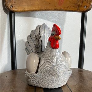 Antique hand painted ceramic chicken hen napkin holder/ salt pepper holder
